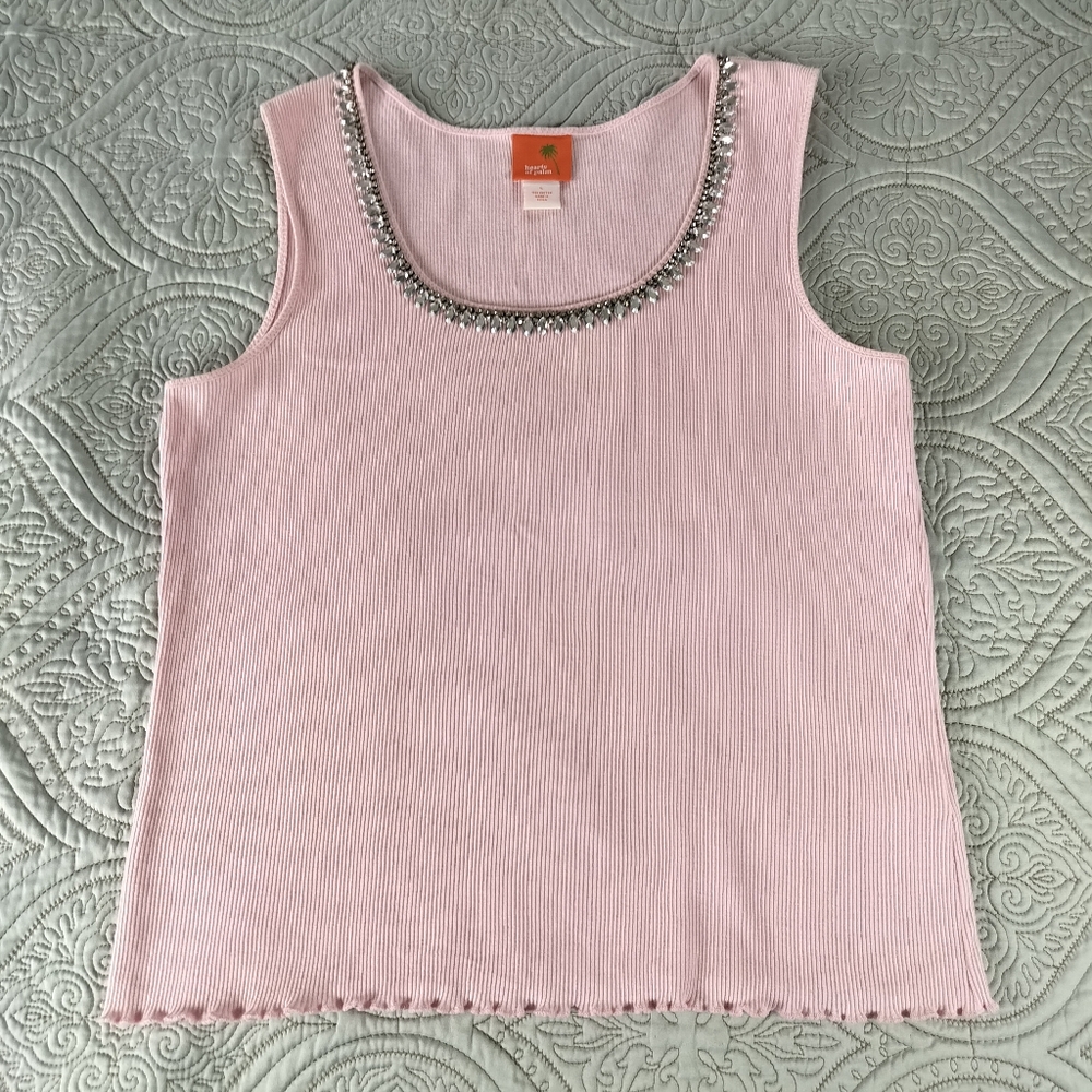 2/$30 Hearts of Palm Pastel Petal Pink Womens Tank Top Size‎ L Rhinestones Girly